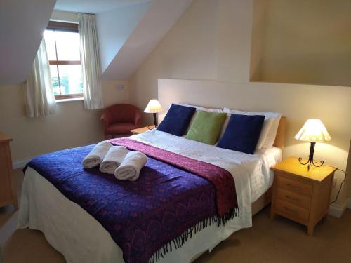 肯梅尔Tranquil sea view in Kenmare的一间卧室配有一张大床和毛巾
