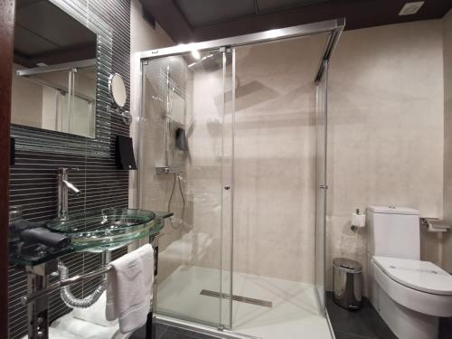 波多诺伏皇家纳耶夫酒店的一间带玻璃淋浴和卫生间的浴室