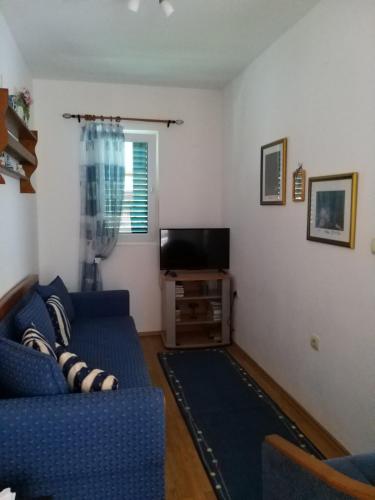 蒂瓦特Apartmani Stipanic Tivat的客厅配有蓝色的沙发和电视