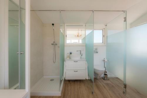 卢斯Casa Luisandra Boutique Hotel B&B的一间带水槽和玻璃淋浴的浴室