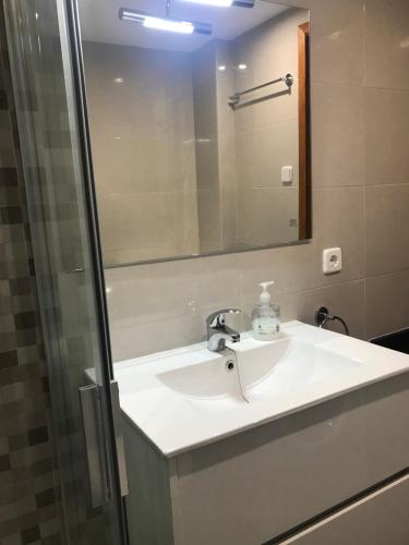 福米加尔Apartamento céntrico en Formigal的一间带水槽和镜子的浴室