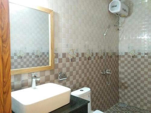 金瓯Thanh Truc Hotel Ca Mau的一间带水槽、镜子和卫生间的浴室