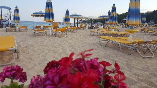 金沙Riviera Sea VillageApartments Golden sands的海滩上有许多桌椅和遮阳伞