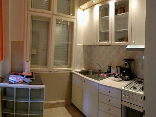 贝尔格莱德Resident hill resort的厨房配有白色橱柜和水槽