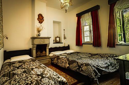 帕皮康To Rodi的一间卧室设有两张床和一个壁炉