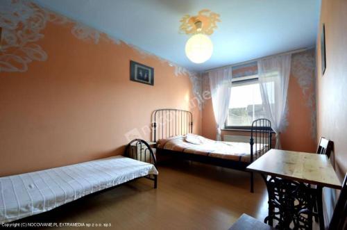 KostrzycaAgroturystyka Sielana的客房设有两张床、一张桌子和一扇窗户。