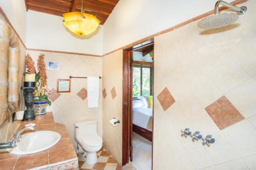曼努埃尔安东尼奥Hotel Villas Nicolas - Adults Only的浴室配有卫生间、盥洗盆和淋浴。