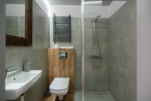PloskiChutor Nad Narwią的带淋浴、卫生间和盥洗盆的浴室