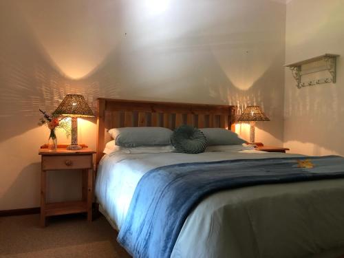 斯韦伦丹Frog Mountain Getaway的一间卧室配有一张大床和两盏灯
