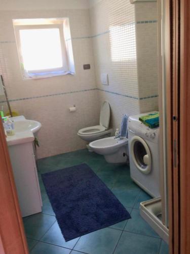 琴布拉Casa nel centro di Cembra的浴室配有卫生间水槽和洗衣机。