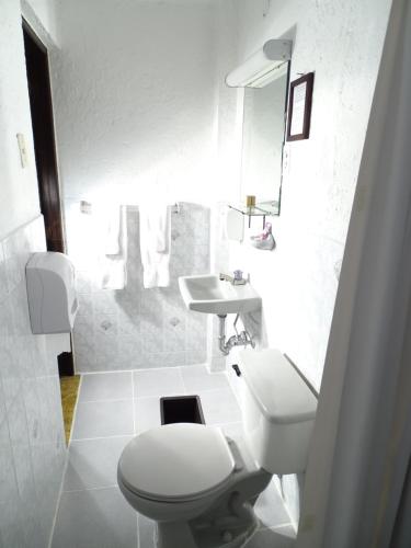 危地马拉安地瓜Hotel La Sin Ventura的白色的浴室设有卫生间和水槽。