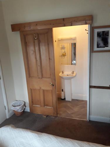 布莱奈费斯蒂尼奥格Bryn Elltyd Eco House的浴室设有通往水槽的门