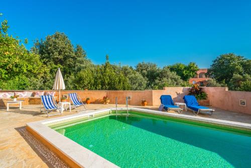 普林斯Villa Dolce Vita的一个带蓝色椅子的游泳池和一个庭院