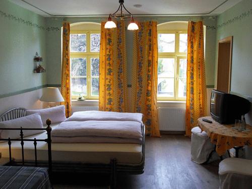 弗赖贝格Wein-Hotel Auberge Mistral的一间卧室设有一张床、一台电视和窗户。