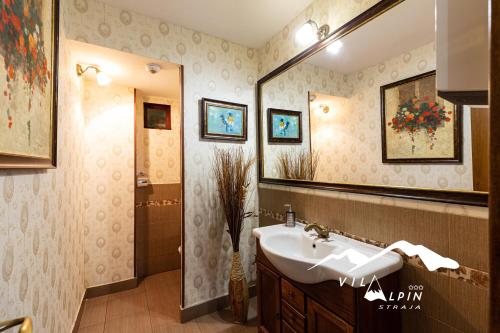 斯特拉扎Vila Alpin的一间带水槽和大镜子的浴室