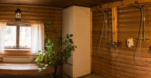 PetkeljärviHotelli Möhkön Rajakartano - Ilomantsi的带浴缸、窗户和淋浴的浴室