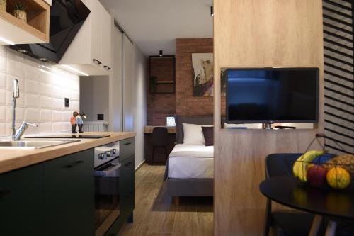 塞萨洛尼基Q Luxury Rooms的厨房设有带一张床和电视的客厅