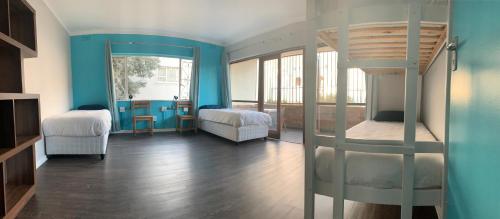 开普敦MoTown by Mojo的客房设有两张双层床和蓝色的墙壁。