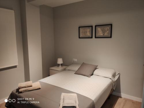 卡斯特利翁-德拉普拉纳Apartamento moderno en pleno centro de Castellón.的卧室配有一张床,墙上挂有两张照片