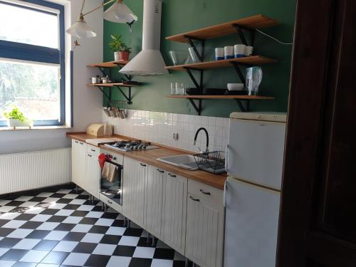 奥斯威辛Guesthouse Prusa 7的厨房配有白色冰箱和 ⁇ 格地板