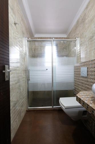 坎多林Nishka holiday home的一间带玻璃淋浴和卫生间的浴室