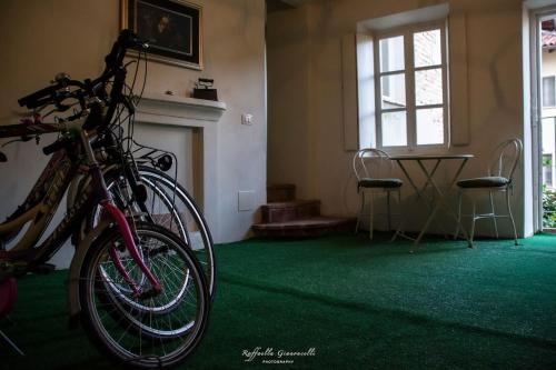 卢镇LuNesco alloggio DiVino, Chambre d'amis的两辆自行车停放在带壁炉的房间
