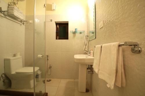 斋浦尔卡图哈维丽酒店的浴室配有卫生间、盥洗盆和淋浴。