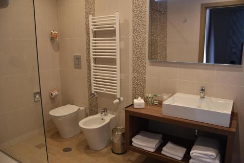 巴蒂帕利亚Hotel Commercio的一间带水槽、卫生间和镜子的浴室
