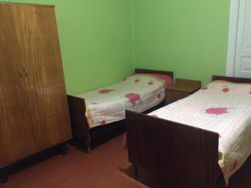 博尔若米GuestHouse Malkhazi的绿色客房 - 带两张床和橱柜