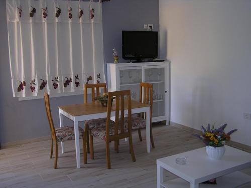 洛斯·亚诺斯·德·阿里丹CASA FLORENTINA的一间带桌椅和电视的用餐室