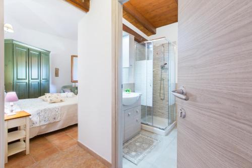 奇亚B&B La Vela Chia的配有床、淋浴和盥洗盆的浴室