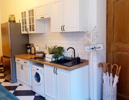 克拉科夫Topolove Rooms & Apartments的厨房配有水槽和洗衣机