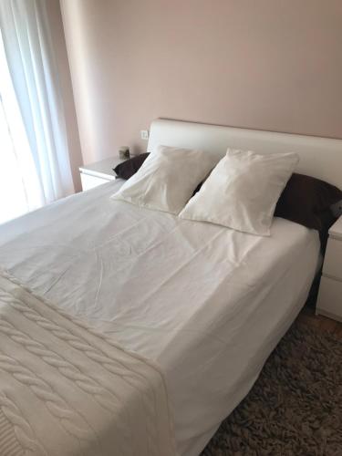 巴约讷Urbanización loureiral的白色的床、白色床单和枕头