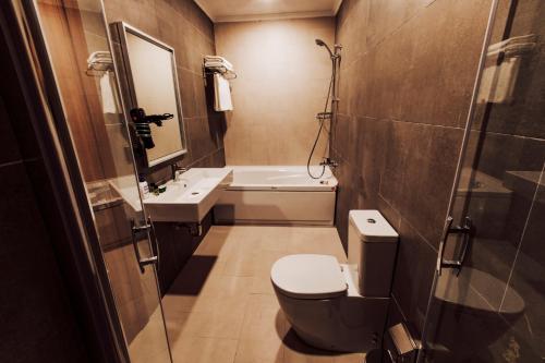 伊兹密特BUSINESSPALAS DELUXE的一间带卫生间、水槽和镜子的浴室