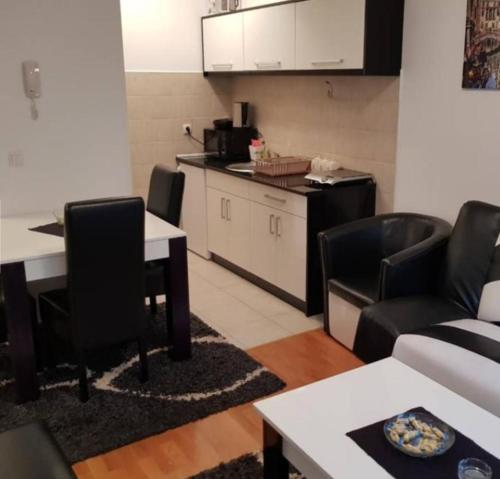 兹拉蒂博尔Apartman Stefan的带沙发和桌子的客厅以及厨房。