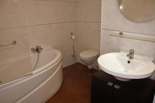 法尔肯堡沙隆城堡度假屋的一间带水槽、浴缸和卫生间的浴室