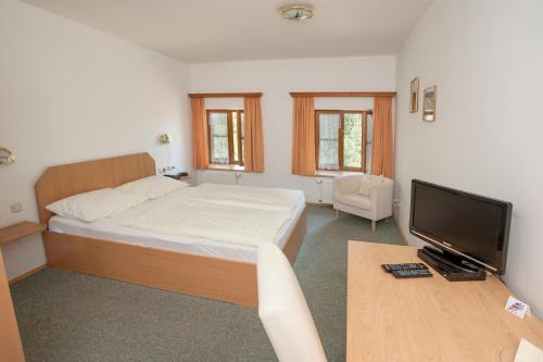特劳恩罗伊特潘森珀彻姆赫酒店的一间卧室配有一张床和一张书桌及电视