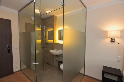 奥斯特西巴德钦诺维茨Hotel am Kurpark的一间带玻璃淋浴和水槽的浴室