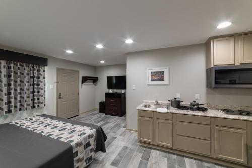 巴吞鲁日Budget Inn & Suites Baton Rouge的客房设有带一张床和水槽的厨房