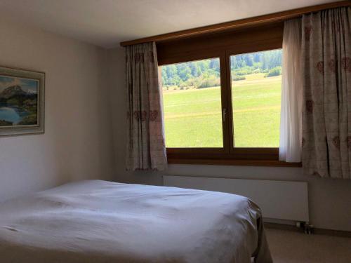 堪特Abitaziun Silvia Sur Baselgia的一间卧室设有一张床和一个大窗户