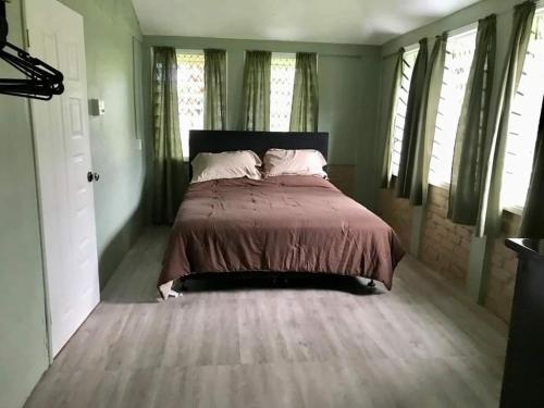 LepeaLotopa Tiny House的一间卧室配有一张带棕色棉被的床和窗户。