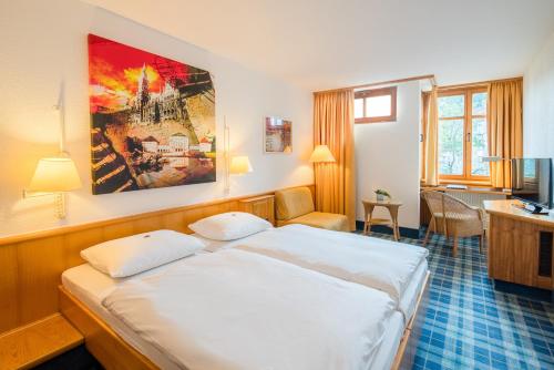 慕尼黑诺克亨堡酒店的一间酒店客房,配有一张床和一台电视