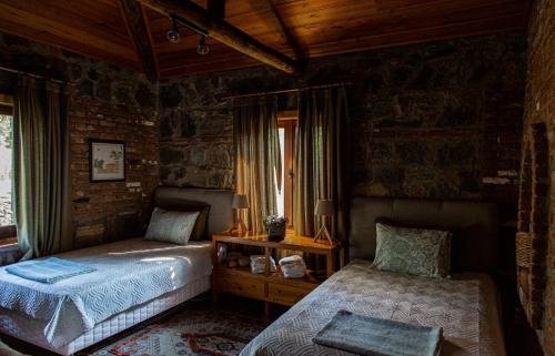 塞尔丘克Villa Demeter的一间卧室设有两张床和窗户。