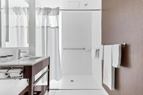 皇后区纽约安侨酒店的浴室配有盥洗盆、淋浴和毛巾