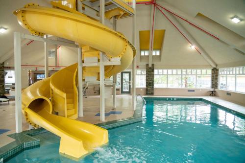 坎莫尔Pocaterra Inn & Waterslide的大楼内一个带滑梯的游泳池