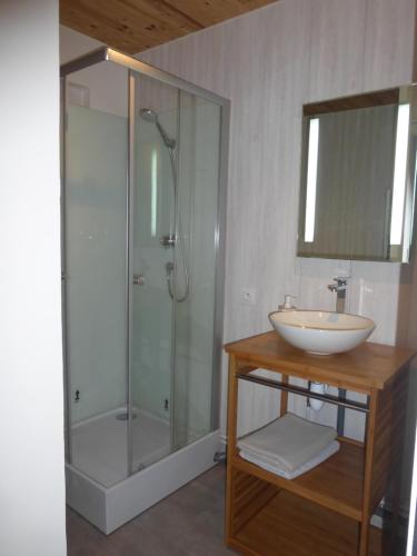 波城L'EPICERIE的一间带玻璃淋浴和水槽的浴室