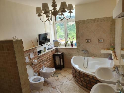 佩奇Virág Wellness Villa的浴室配有2个卫生间、浴缸和水槽