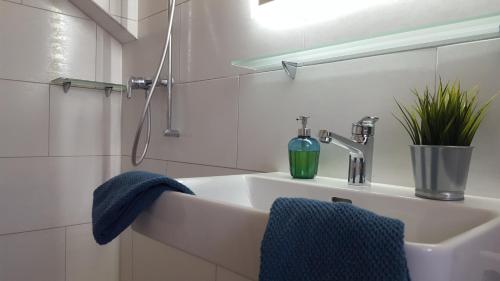 GähwilFerienwohnung Eisenring in idyllischer Umgebung的白色的浴室设有水槽和蓝色毛巾