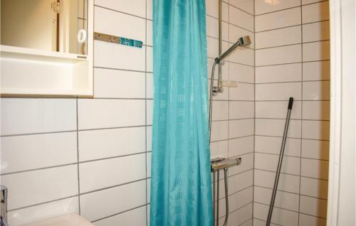 赫尔湾2 Bedroom Gorgeous Home In Hllviken的浴室内配有蓝色淋浴帘
