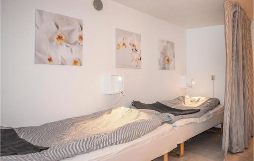 赫尔湾Cozy Home In Hllviken With Wifi的墙上有两张照片的房间的两张床